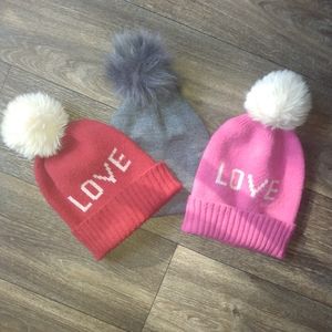3 Puff top LOVE Beanies  GREY IS SOLID